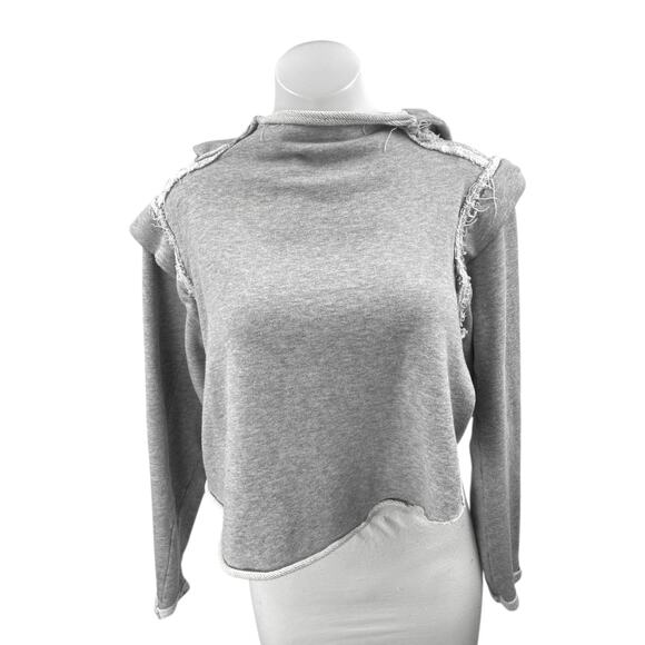 Free People Women's Gray Distressed Long Sleeve Hooded Hoodie Crop Sweatshirt M - Picture 1 of 4